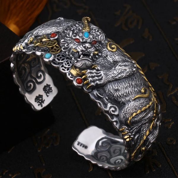 Bracciale rigido S925 in argento sterling da uomo, ampio, classico, prepotente, moda Pixiu, per attirare la ricchezza, la personalità, lo stile cinese retrò 231109