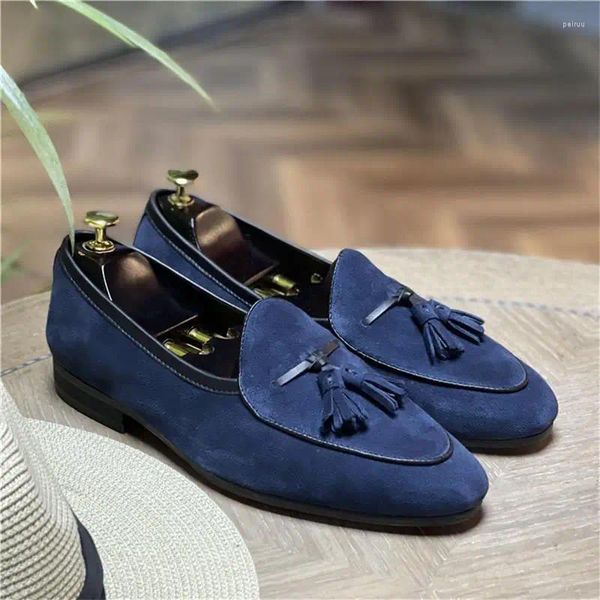 Kleidschuhe Blau Grau Männer Müßiggänger Echtes Leder Handgemachte Slip On Flache Lässige Feste Quaste Büro Hochzeit Party für