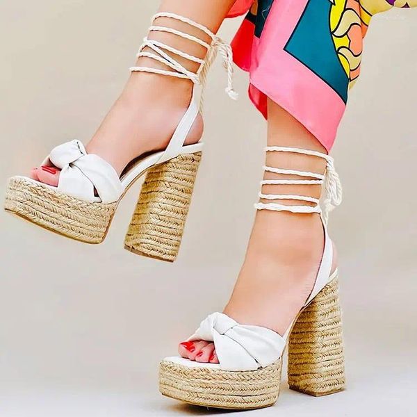 Сандалии с квадратным носком, эспадрильи, классические плетеные летние туфли на массивном каблуке, женская открытая обувь на платформе со шнуровкой до щиколотки