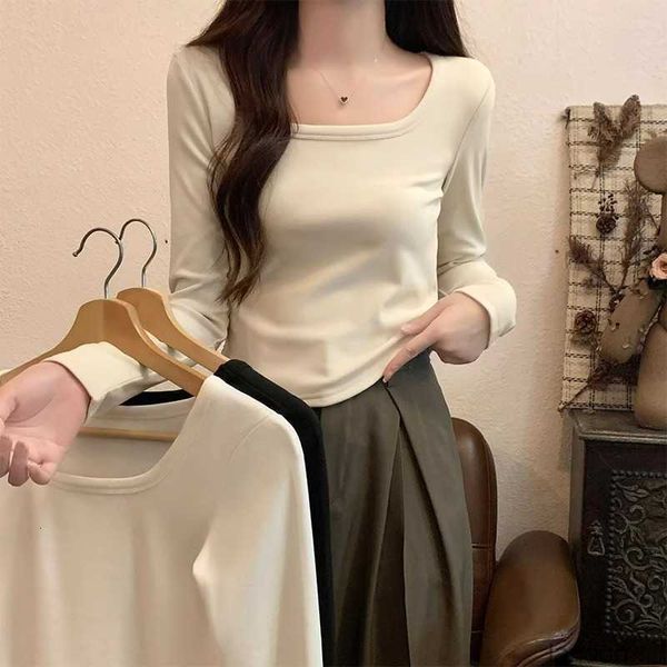 2023 Autunno/Inverno Nuovo velluto tedesco a maniche lunghe T-shirt Underlay da donna Piccola camicia Spalla anteriore irregolare Collo quadrato Slim Fit Top