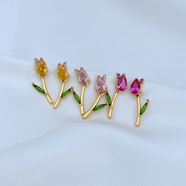 Stud Real 18K Rose Banhado A Ouro 3 Cores Zircon Tulip Brincos Jóias Carta Presente de Casamento Fábrica Atacado Com Saco de Poeira Livre