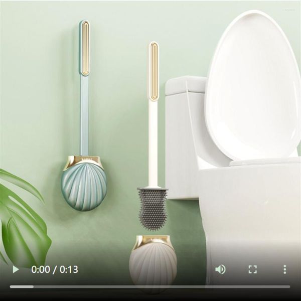 Badzubehör-Set Flache Toilettenbürste aus Silikon mit langem Griff und Muschelformhalter Dead Corner Cleaning Punchless Badezimmerzubehör-Sets