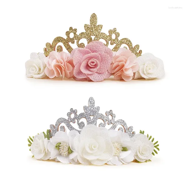 Confezione di accessori per capelli Fasce floreali per bambina Set 2 Corona di fiori Fascia elastica per capelli Puntelli per fascia per bambina nata