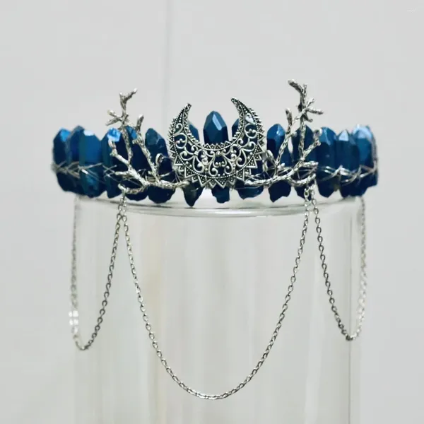 Saç klipsleri mavi kuvars çiğ kristal kafa bandı aksesuarları cadı elf festivali wicca tiara gotik mücevher hediyeleri