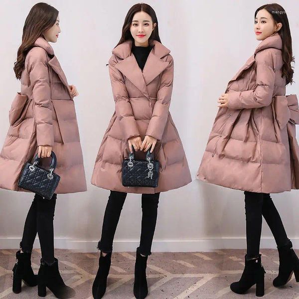 Mulheres Trench Coats Mid-Comprimento Slim Cintura Poncho Jaqueta De Algodão Mulheres Down Fallow Winter Puffer Parkas Moda Bow Tie Outwear