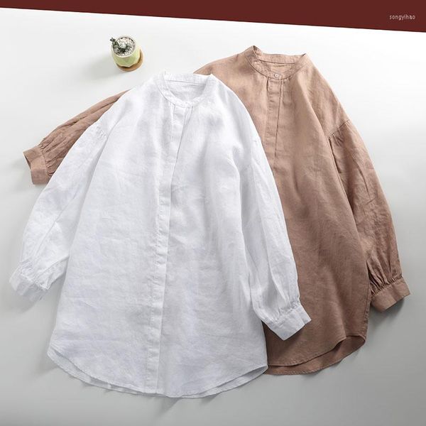 Blusas femininas de linho de manga comprida camisa branca solta colar de suporte médio solto botão preto top algodão fêmea mola 297