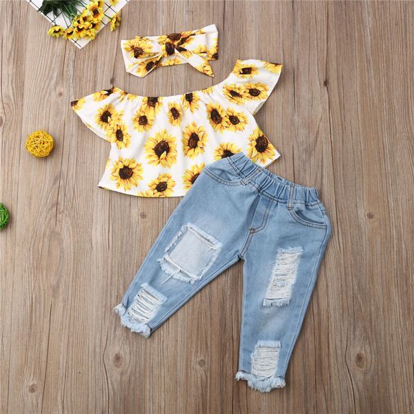 Set di abbigliamento Bambini in età prescolare set di abbigliamento per neonate set di 3 pezzi per spalle girasole top jeans strappati fascia abbigliamento estivo per bambini 230410