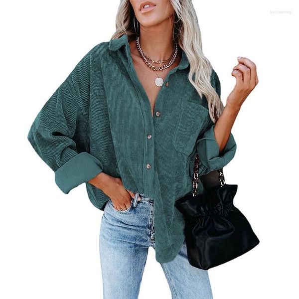 Damen Blusen Frühling Herbst Est Damen Jacke Mode Lässig Pit Strip Button Shirt Cardigan Top Langarm Revers Tasche Lose Bluse