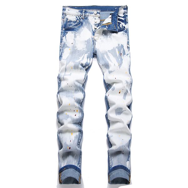 Blue Paint Inkjet White Herren Skinny Jeans Trendige Slim-Fit Stretch Denim Hose Frühling Herbst Street Casual Hose