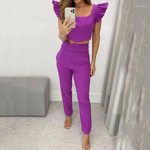 Pantaloni da due pezzi da donna Liyong Women Set Summer Fashion Solid Square Leeve Sleeve Top Casual Skinny Set Scept Street