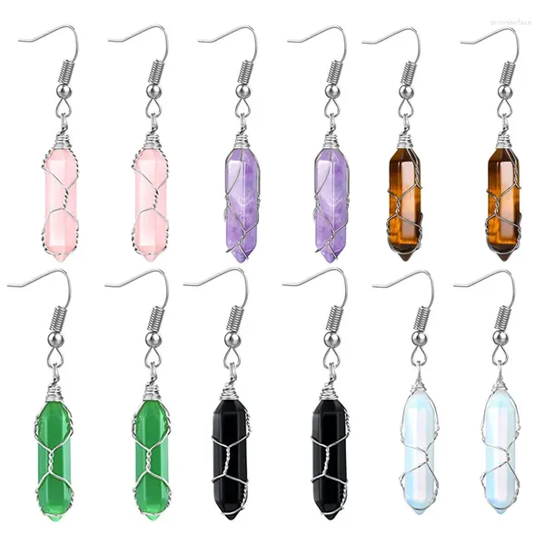 Boucles d'oreilles pendantes, 10 paires de fils de pierre naturelle, prisme Hexagonal, guérison Reiki, œil de tigre, Roses, cristal de Quartz, bijoux à la mode