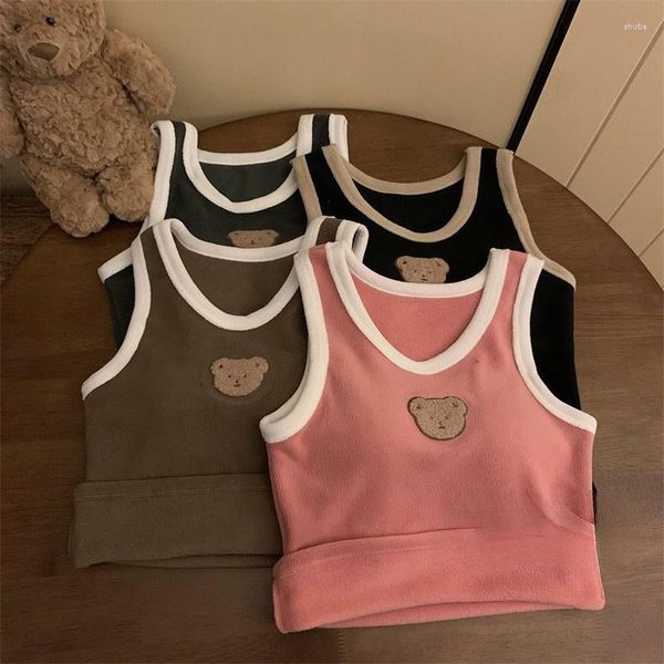 Damen Tanks Korean Fashion Bear Printed Tank Frau Eingebauter BH Verdicktes Camisole Female Sleeveless Camis Sweet Top Winter Drop