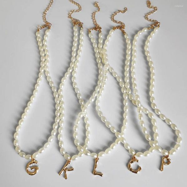 Kettingen Eenvoudige Witte Ovale Imitatie Parel Kralen Ketting Voor Vrouwen Gouden Bamboe Letters Parels Choker Kettingen Trendy Sieraden