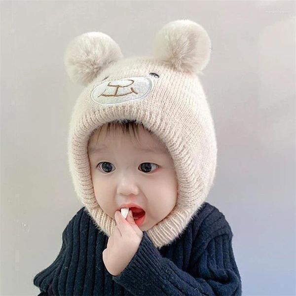 Berets Winter Cartoon Baby Beanie Mütze mit Pompom Kinder Gehörschutz Hüte Schal niedlichen Bären Strickmütze Hals Abdeckung Kleinkind Motorhaube