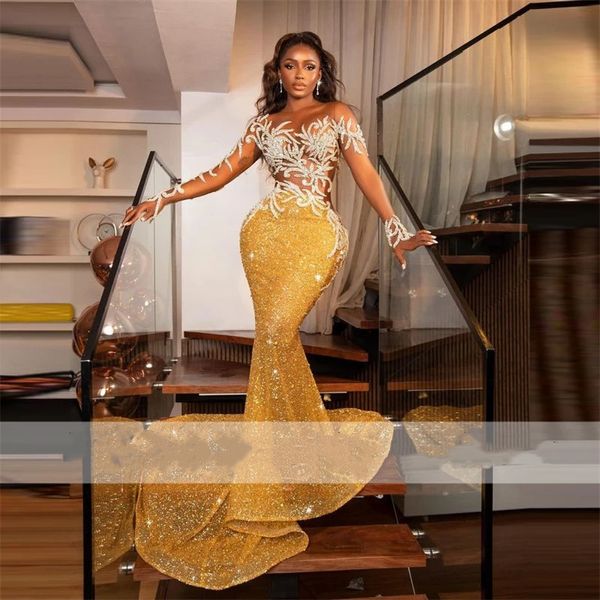 Yeni Tasarım Altın Sequins Balo Elbiseleri 2023 Zarif Boncuklar Kristaller İnciler See-Thru kollu gece doğum günü partisi elbiseleri robe de soiree