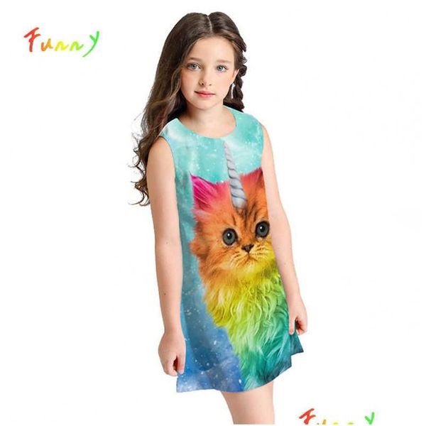 Kız Elbiseler Çocuklar Elbise Kız Giysileri Sevimli Renk Hayvan Baskı Kedi Toddler Elbiseler Kolsuz A-line Gökkuşağı 8 10 12 Yıl Vestido Dro Dhxa0