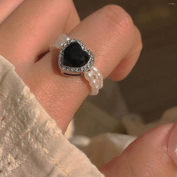 Anéis de cluster pérola grânulo para mulheres corda elástica amor strass anel de dedo vintage festa jóias acessórios de casamento presentes