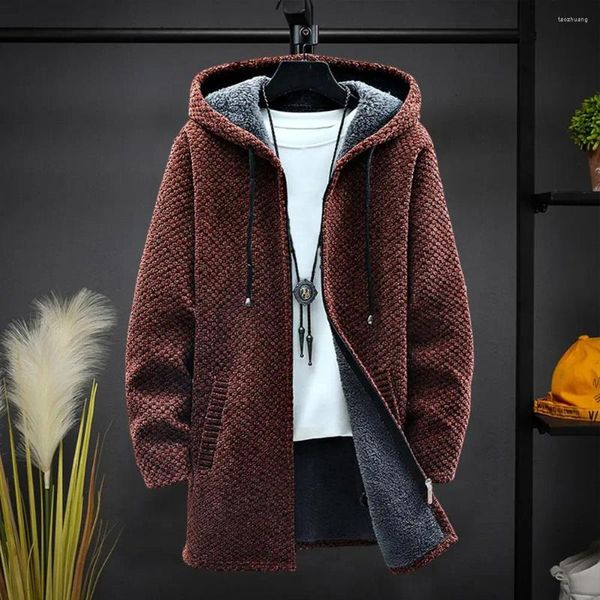 Abiti da uomo Maglione con cappuccio Autunno Inverno Coulisse Giacca da lavoro a maglia con cerniera di media lunghezza Cappotto da uomo lavorato a maglia