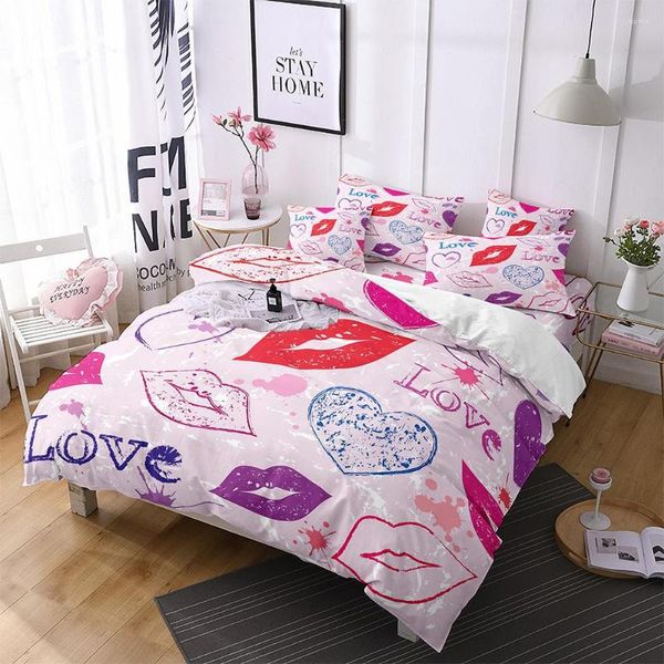 Bedding Define orgulho de capa de edredão rosa Rosa Definir letras de amor Lips Heart Heart Gay Lesbian Couples Decorative 3 peças com 2 travesseiro shams