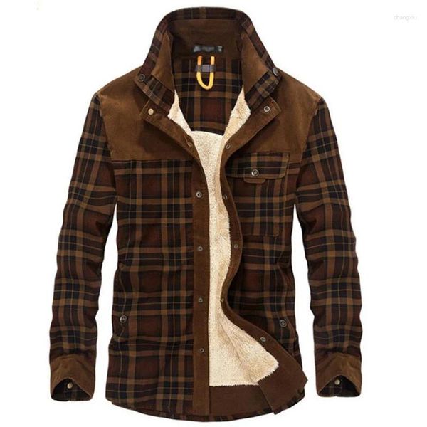 Männer Casual Hemden Hemd Männer Winter Baumwolle Liner Fleece Herren Dicke Wolle Langarm Plaid Militär Mantel Camisas