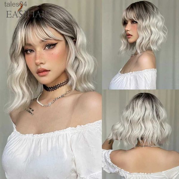 Parrucche sintetiche EASIHAIR Ombre Bionde Corte ondulate Parrucche Lolita Cosplay con frangia Parrucche sintetiche Bob platino chiaro per donne Resistenti al calore YQ231110