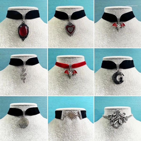 Colares pingentes gótico bat scarlet coração pingentes colar para mulheres artesanal preto veludo vintage gargantilha goth jóias presentes de halloween
