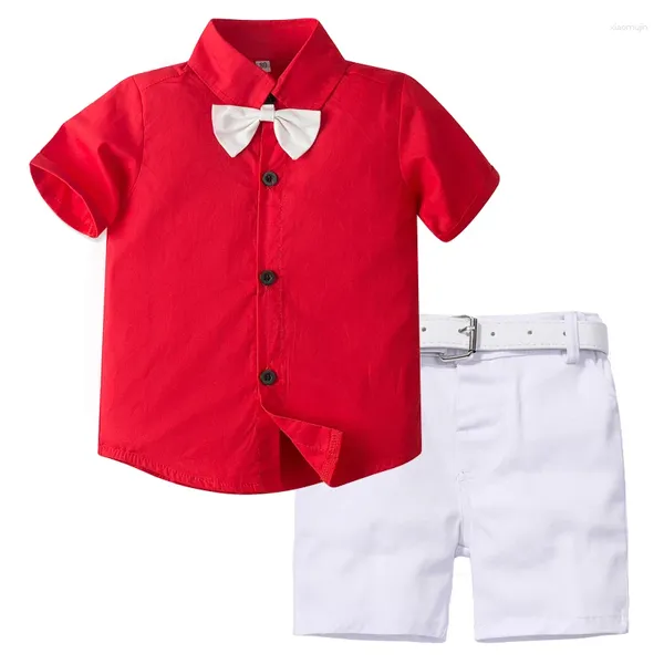 Kleidung Sets Mode Jungen Set Sommer Kinder Hochzeit Party Anzug Kostüm Rot Kurzarm Hemd Weiße Hosen Kinder mit Gürtel 1-6 Jahre