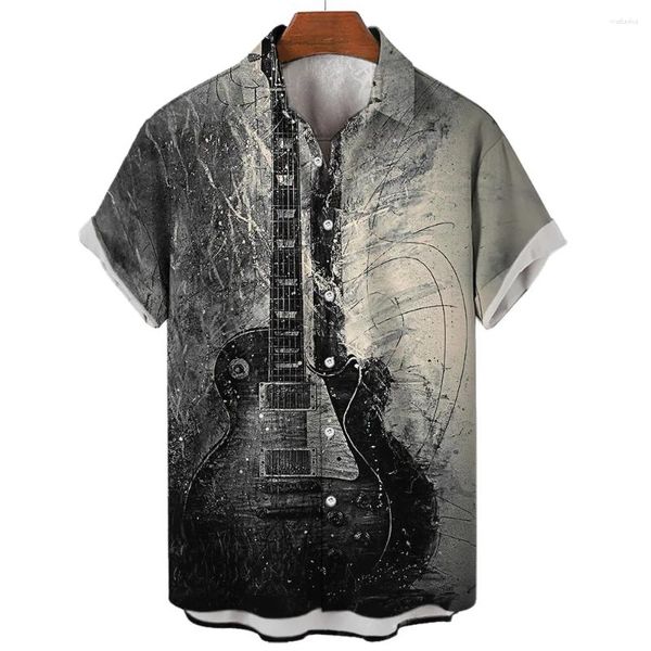 Camicie casual da uomo Camicetta con stampa di strumenti per chitarra hawaiana Modello in tela Top a maniche corte T-shirt moda estiva Streetwear di alta qualità