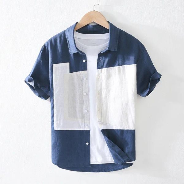 Männer Casual Hemden Sommer Adrette Leinen Für Männer Hawaii Kurzarm Revers Tops Patchwork Lose Dünne Kleidung