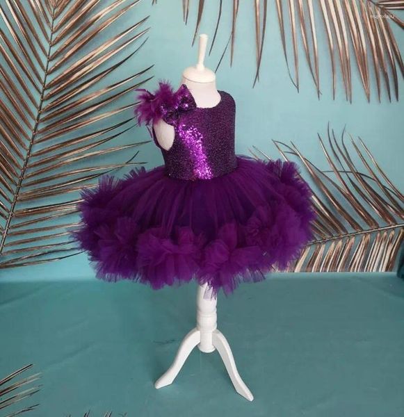 Abiti da ragazza adorabili paillettes viola fiore bambino lunghezza al ginocchio fiocco in tulle volant abiti da ballo per feste di compleanno per bambini piccoli