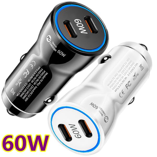 Carregador de carro duplo USB C de carregamento rápido rápido 60W 40W PD Tipo c Adaptadores de energia automática para iPhone 13 14 15 Pro Samsung S22 S23 S24 HTC Android Phone com caixa