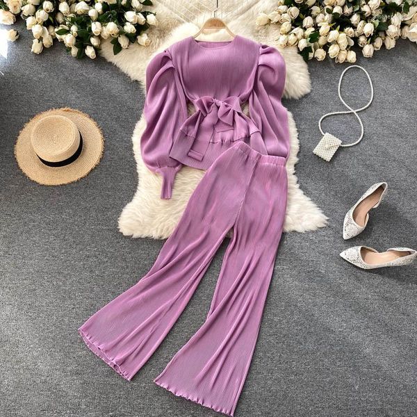 Frauen Zweiteiler Hosen Elegante Frauen Lila Hose Anzüge 2023Frühling Herbst Solide Puffärmel Top Plissee Chiffon Wide-Leg 2 Set Female Outfit