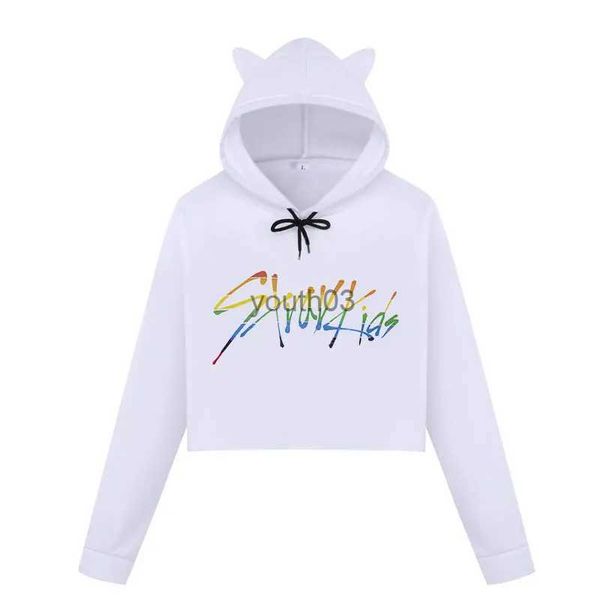 Hoodies das mulheres moletons Stray Kids Kpop Coreano Mulheres Casual Carta Impresso Hoodie Crop Top Winter Cat Ear Hooded Pullover YQ231110