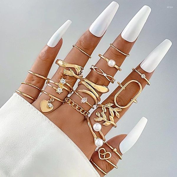 Cluster Ringe Ins Luxus Arm Wrap Perle Finger Für Frauen Mädchen Einfache Blatt Gold Farbe Party Legierung Metall Set Anillos 25047