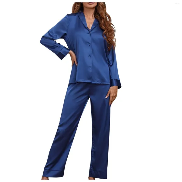 Mulheres sleepwear mulheres gelo seda pijama nightclothes preto champanhe camisa de manga comprida e calças cor sólida casual suave