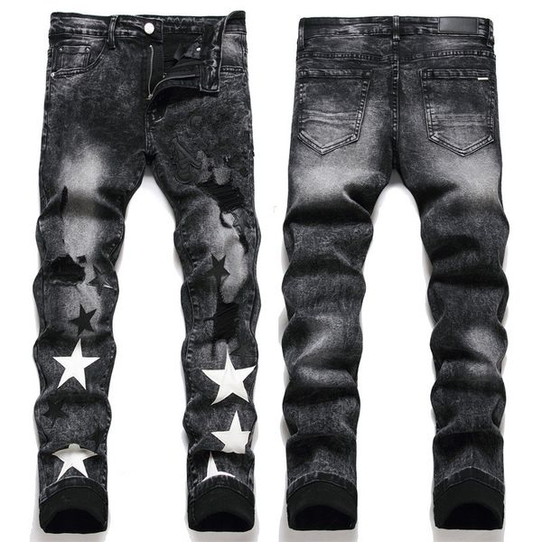 Designer de designer jeans jeans jeans calças designer preto adesivos magros skinny lavagem leve motocicleta rock rock rock revival