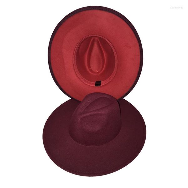 Береты 9,5 см. Большая шляпа Brim Fedora Женщины красные двухцветные джаз-джаз осень и зимняя теплое шерсть
