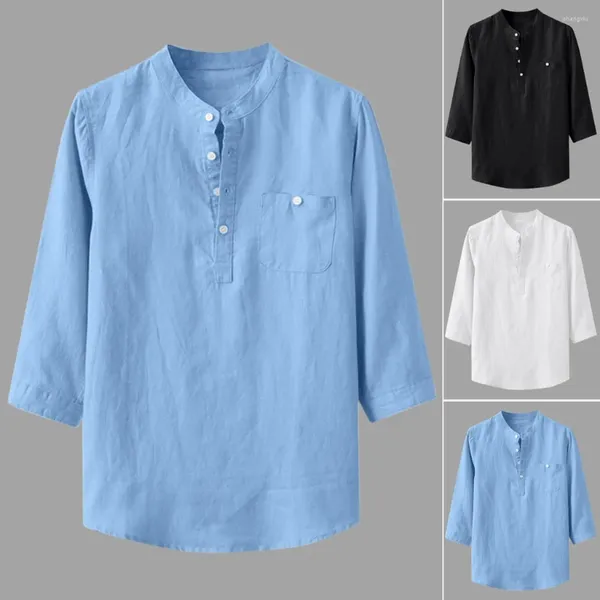 Freizeithemden für Herren, Stehkragen, Baumwoll-Leinen-Hemd, Herbst-Viertel-Drei-Ärmel, solide Baggy-Mode, lockere Bluse mit einer Tasche