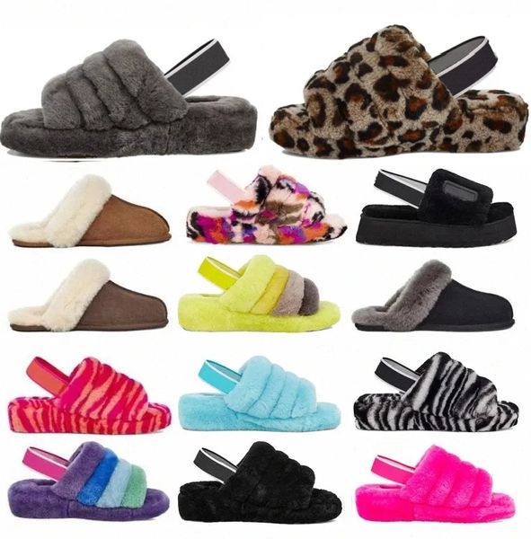 Inverno FLUFF YEAH Slide Lã Chinelos de renda Mulheres Australianas Chinelos Preto Cinza Café Sandálias Clássicas Inverno Cor Sólida Casa Interior Sapatos Flats