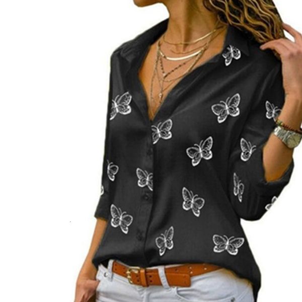 Camisas femininas camisas de moda de borboleta camisa feminina de mangas compridas camisa de pescoço de pescoço casual camisa de trabalho elegante e elegante 230410