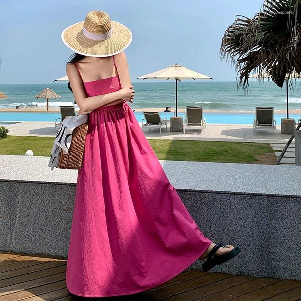 Casual Kleider Sommer Elegante Plissee Kleid Frauen Slash Neck Lange Party Sexy Backless Spaghetti Strap Maxi Weibliche Urlaub Vestidos