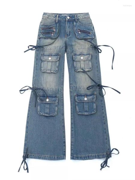 Jeans femininos y2k streetwear harajuku baggy multi-bolso azul denim macacão baixo-rise perna larga 2000 estética kpop