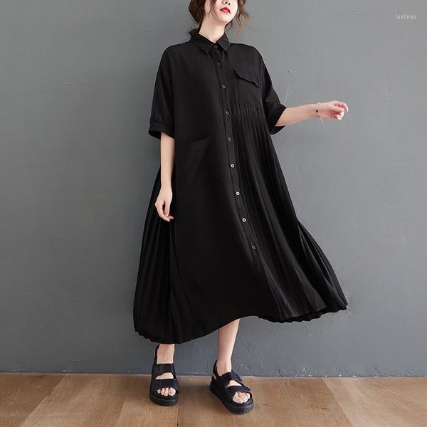 Платья для вечеринок uoozee Женское шикарное элегантное платье рубашки 2023 Летнее половина рукава плиссированная черная черная повседневная миди