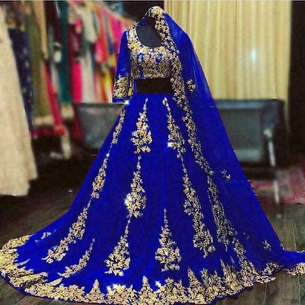 Indische Arabische Königsblaue Abendkleider Zweiteiliges Luxus-Dubai-Abschlussballkleid mit Schleier Goldspitzenapplikationen A-Linie lang Besondere Anlässe tragen 3/4 Ärmel 2023