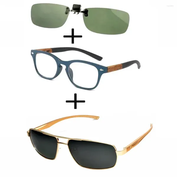 Óculos de sol 3 unidades!!! Óculos de leitura quadrados de madeira confortáveis para homens mulheres piloto metal luxo clipe de ponte dupla