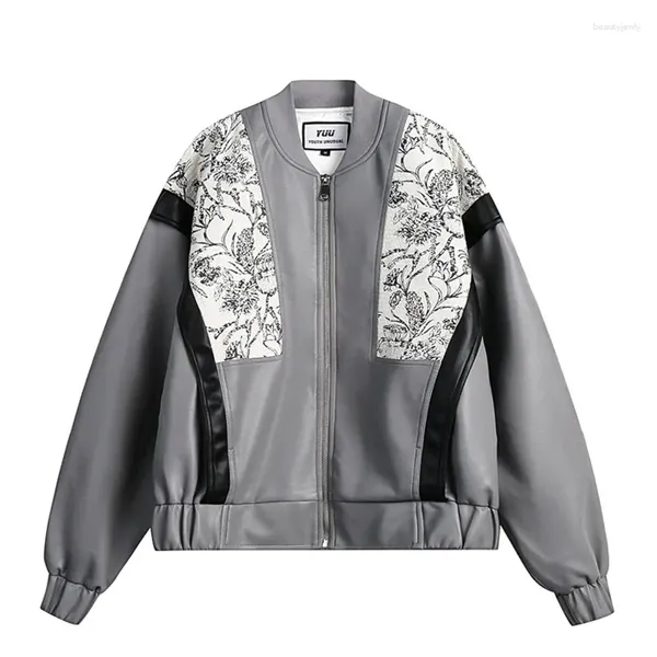 Herrenjacken Street Fashion Farblich passende bedruckte PU-Lederjacke Rundhalsausschnitt Lässige lose Baseballuniform Paar-Harajuku-Mantel