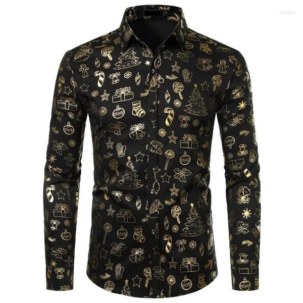 Männer Casual Hemden Gold Weihnachtsgeschenk Druck Party Hemd Männer Marke Langarm Button Down Herren Weihnachten Top Blusen Chemise Homme Schwarz