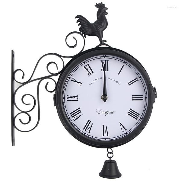 Relógios de parede Relógio de ferro forjado ao ar livre Relógio de moda inovadora Double Face Cockerel Bell Shape Hanging Watch