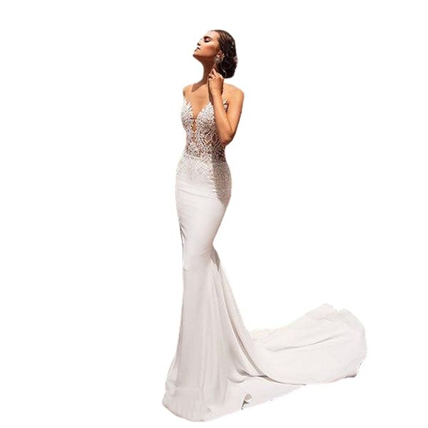 Abiti da sposa sexy a sirena per le donne Scollo a V in pizzo applicato Backless Beach Abiti da sposa da sposa abiti da sposa