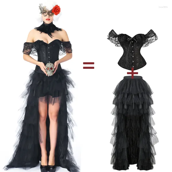 Abiti da lavoro Corsetto Top Gonna Set Steampunk Style Abbigliamento gotico Corpetto per feste da donna Corsetto nero Performance Bustier vintage Gonne a rete